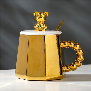 400ml <b>Cute</b> 3D Violent <b>Bear</b> Long Eared Rabbit Ceramic Mug with Gold Handle Coffee Cup and Water Cup with Lid - Product Image 1
