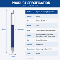 Stylo bille carré à clic, côté plat, 10g, logo personnalisé, promotionnel, vente en gros