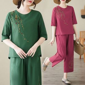 Women's Cotton Linen Two Piece Set Embroidered Mid Sleeve <b>Top</b> Cropped Pants Casual Wear - Product Image 1