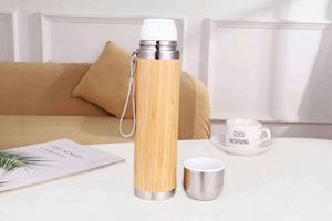 Stainless Steel Vacuum Flask Wooden Finish Double Wall Insulated Travel <b>Thermos</b> With Rope Handle - Product Image 2