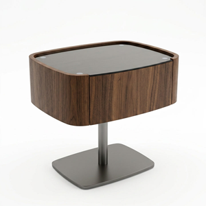 Commode de nuit en rotin sur mesure |   Armoire de lit en placage de noyer sur mesure avec deux tiroirs pour appartement, chambre à coucher, hôtel - Product Image 1