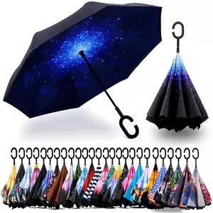 Guarda-chuva de viagem inverso, guarda-chuva longo dobrável e portátil, resistente ao vento, design de moda