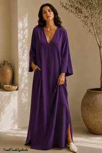 Túnica Kaftan de Lino Morado para Mujer, Vestido Maxi de Boda India Hecho a Medida, Estilo Boho, Étnico, Ecológico, Corte A, Venta al por Mayor B2B - Product Image 5