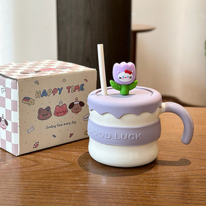 Jiao Porcelain Coffee Flower Cat High Appearance Level <b>Straw</b> Mark Ceramic Mug Lid Spoon Cute Gift Box Back to School Creativity - Product Image 6