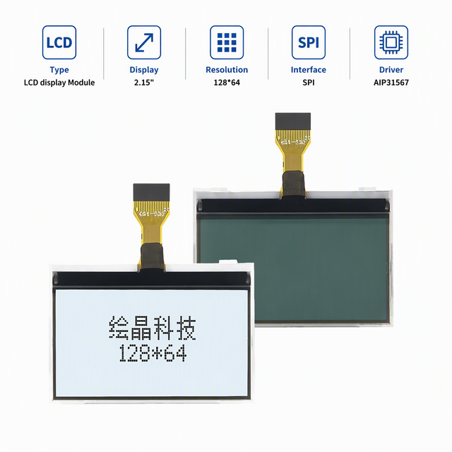 HUIJING 2.2 Inch LCD Display 128x64 Resolution FSTN Positive Transmissive AIP31567 IC Monochrome COG LED Backlight 500