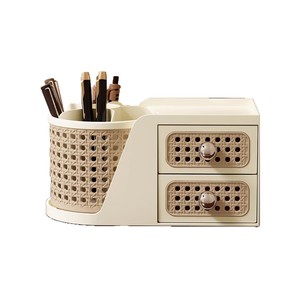 Vintage Style Cosmetic Storage Box Desktop Rattan Double Layer Drawer Pen Holder Large Capacity Compartmentalized Organizer - Product Image 3