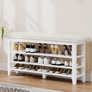 SENYU White Wooden Shoe Storage Bench with Cushion Seat 3-Tier Rack for Entryway Modern Design - Product Image 1