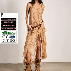 New Arrival Women Boho Lace Cami Maxi Dress V Neck Asymmetrical Tiered Hem See Through <b>Spaghetti</b> Strap Vacation <b>Long</b> Dress - Product Image 1