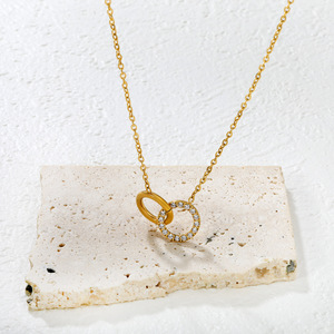 Stainless Steel Round Clavicle Chain Pendant 18k Gold Plated <b>Necklace</b> For Women Geometric <b>Ring</b> Design Everyday Wearing - Product Image 4