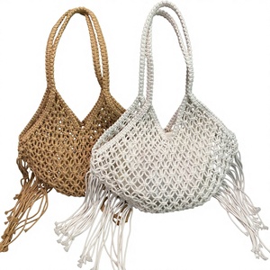 Sac fourre-tout en tissu de coton tissé style bohème rétro pour femme, grande capacité, tendance, décontracté, avec pompons <span class=keywords><strong>et</strong></span> découpes, idéal pour l'été - Product Image 1