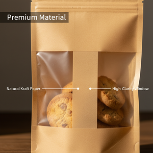 Window-front kraft paper bags with a flat bottom and a resealable closure, suitable for <b>packaging</b> coffee, bread and dried fruit - Product Image 6