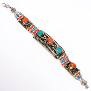 Pulsera de Plata Tibetana Estilo Vintage Antiguo, Lapislázuli Natural, Piedra Preciosa de Coral, Joyería de Boda - Product Image 2