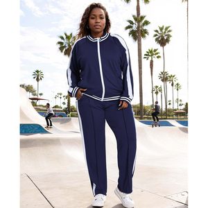 FOXA Women's Plus Size Jogging Suit 2 Piece Track <b>Set</b> Navy Blue Side Stripe Sweatshirt Pants Outfit - Product Image 3