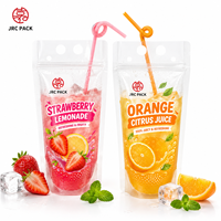 Sacs à boisson réutilisables personnalisés imprimés transparents pliables à fermeture éclair verticale en plastique pour smoothies et jus, avec paille intégrée et anti-fuite