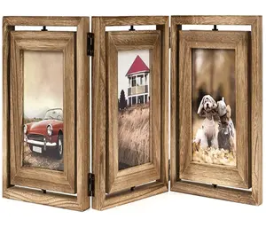 4x6 resim çerçevesi rustik ahşap menteşeli katlanır üçlü resim çerçeveleri kolaj çift taraflı ekran dönebilen fotoğraf çerçevesi