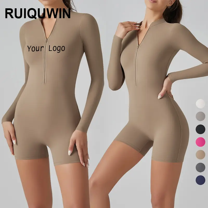 RUIQUWIN-Body deportivo de una pieza con logotipo personalizado para mujer, traje de manga larga, mallas de alta elasticidad para yoga