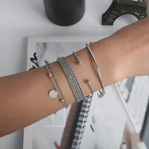 Pulseira boêmia simples de prata, bracelete com tassel suave, multicamada e corrente, 4 peças, feita à mão, pulseiras do méxico