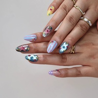 Offre Spéciale – Faux Ongles Y2K en Acrylique, Longueur Moyenne, Forme Amande, à Presser, avec Nœuds, Rayures et Étoiles aux Couleurs Contrastées Macaron et Strass Colorés – Vente en Gros