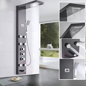 Sistema <span class=keywords><strong>doccia</strong></span> moderno <span class=keywords><strong>a</strong></span> colonna in acciaio inossidabile nero con getti <span class=keywords><strong>a</strong></span> pioggia e cascata, display digitale della temperatura e getti idromassaggio. - Product Image 2