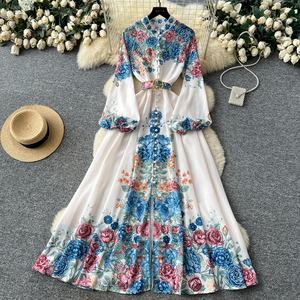 Verano Vintage túnica vendaje Casual Maxi vestido para mujer linterna manga imperio impreso vestido - Product Image 5