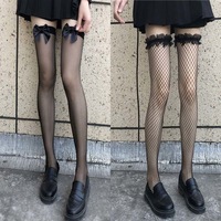 Bas en nylon à nœud papillon, dentelle, au-dessus du genou, blanc, style Lolita, mi-mollet, style JK, à volants, pour femme, mi-mollet, noirs, résistants à l'effilochage
