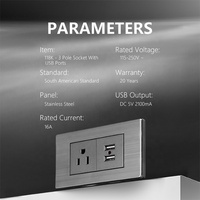 Prise 15A pour le marché sud-américain avec chargeur USB 5V 2.1A, couvercle en acier inoxydable, prise 3 broches avec double USB Type A