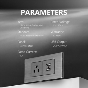 Presa 15A per il mercato sudamericano con caricatore USB 5V 2.1A, copertura in acciaio inossidabile, presa a 3 pin con doppio USB tipo A - Product Image 2