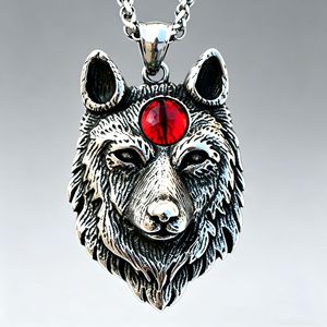 Yunnique – pendentif tête de loup en acier inoxydable, collier pour hommes avec yeux rouges, bijoux à la mode, cadeau - Product Image 1