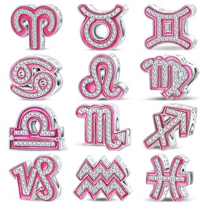 12 abalorios con símbolos del zodiaco, de cobre plateado con esmalte rosa y circonitas, para pulseras DIY, regalo, joyería DIY - Product Image 1