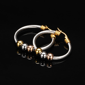 Hoop <b>Earrings</b> 3Mm Stainless Steel Two Tone Beaded Round Cable Women's <b>Stud</b> <b>Earrings</b> Fashion Simple Geometric Design - Product Image 3