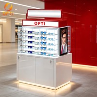 Kiosque optique autonome pour centre commercial, vitrine d'exposition de lunettes et de lunettes de soleil éclairée par LED avec signalétique personnalisée