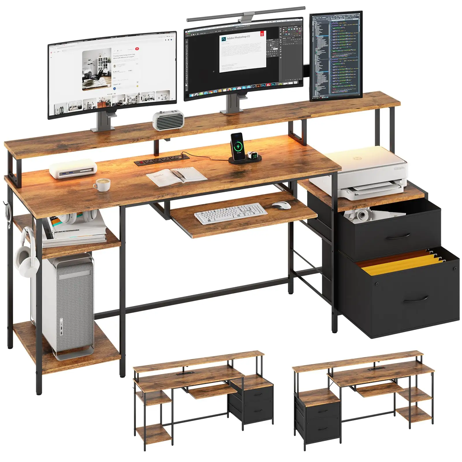 طاولة كمبيوتر حديثة مع خزانة قماشية طاولة ألعاب مع مخرج طاقة طاولة لوحة مفاتيح وحامل شاشة للمنزل