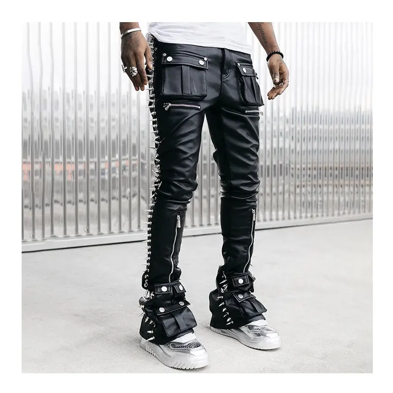 Custom Logo Black Leather Cargo Pants Casual Slim Fit Motorcycle Flared Skinny Men's Leather Pants With Pockets