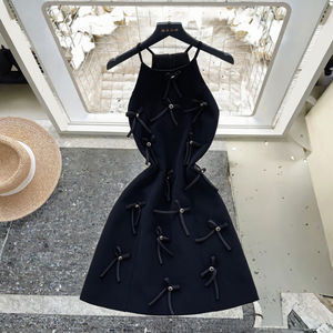 2025 Summer Sustainable Bow Woven Breathable <b>Roman</b> Halter Tunic Casual Midi <b>Dress</b> for Women Empire 3D Beaded Lace - Product Image 3