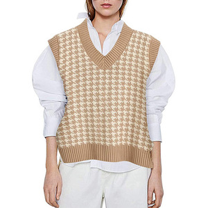 Pull-over tricoté <span class=keywords><strong>sans</strong></span> manches, col en V, coréen, pull-over, <span class=keywords><strong>haut</strong></span> ample, <span class=keywords><strong>pied</strong></span>-<span class=keywords><strong>de</strong></span>-<span class=keywords><strong>poule</strong></span>, collection automne hiver, - Product Image 2