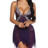 FF2043 pakaian tidur Babydoll leher V tembus pandang penutupan depan Hari Valentine Lingerie Babydoll renda bordir kamisol seksi