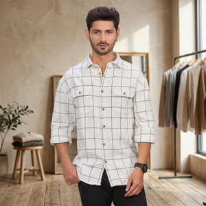 <b>Men's</b> White Casual <b>Shirt</b> Turn Down Collar Three Quarter Sleeve <b>Winter</b> Printed Breathable Woven <b>Shirt</b> - Product Image 1