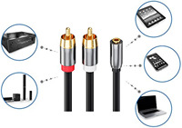 Câble adaptateur audio plaqué or 3,5 mm femelle auxiliaire vers 2 RCA avec gaine en PVC pour lecteur DVD, ordinateur portable, tablette, smartphone