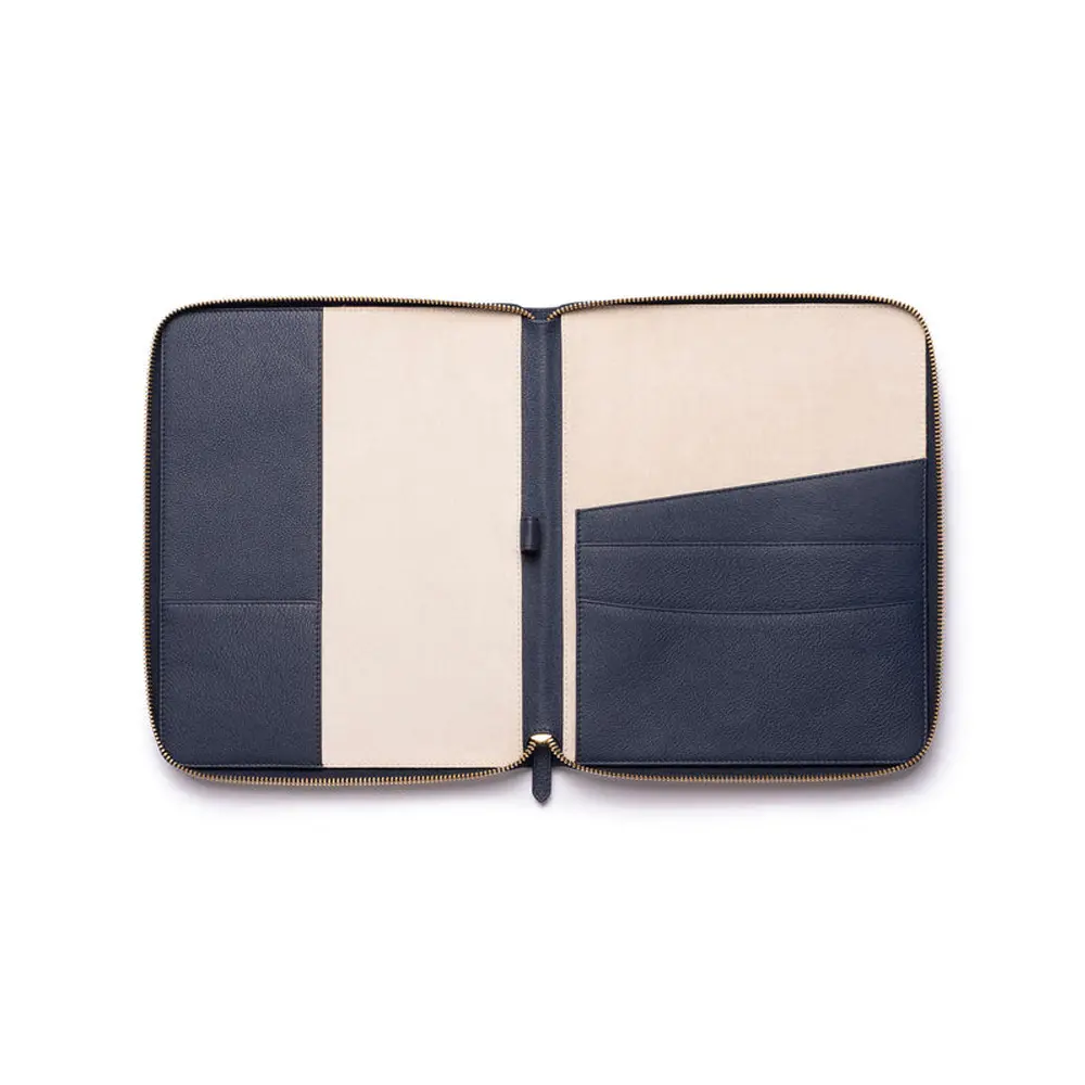 Wholesale High Quality Multi-functional Pocket Custom Logo Soft Handmade Zipper Leather Zip Document Folder Pad Folio