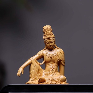 งานแกะสลักเทพีกวนอิมแบบวินเทจ ทำจากไม้บ็อกซ์วูด แกะสลักด้วยมือ รูปปั้นพระโพธิสัตว์กวนอิมในท่าพักผ่อนสง่างาม เหมาะสำหรับตกแต่งสวนกลางแจ้ง - Product Image 2