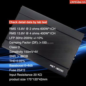 Amplificateur de subwoofer pour <span class=keywords><strong>voiture</strong></span> Mono RMS 600W 2 ohms Amp Peak <span class=keywords><strong>1200W</strong></span> Class D Amplificateur de <span class=keywords><strong>voiture</strong></span> Monobloc pour haut-parleurs de subwoofer 8 10 12 pouces - Product Image 3