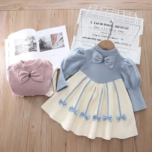 2023 New Style For Girls Sweater Dress Children Winter Knit Clothes Long Sleeves Casual Outfits Bow Toddler Princess Party Dress