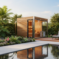 Cabine de sauna extérieure minimaliste carrée, lignes épurées, bois massif, sauna moderne pour jardin