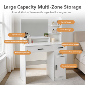 Tocador Moderno <span class=keywords><strong>de</strong></span> Madera Maciza con Espejo, Luces <span class=keywords><strong>de</strong></span> Altura Ajustable, Taburete Acolchado, Almacenamiento y Enchufe para Dormitorio - Product Image 3