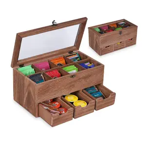 High Quality Packets Coffee Sugar Sweeteners Creamers 8 Compartments Rustic Holder Storage Organizer Wooden Tea bag Box