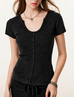 T-shirt côtelé Y2K pour femme, coupe slim délavée vintage, manches courtes, logo personnalisé, hauts décontractés streetwear