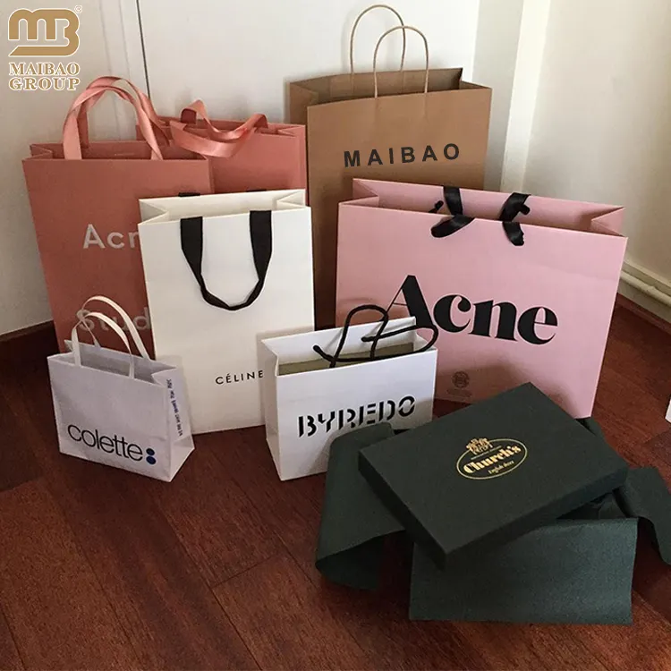 Sacchetti regalo di carta fantasia personalizzati per piccole imprese di lusso con manico a nastro sacchetto di carta con Logo Boutique gioielli in carta Shopping Bag