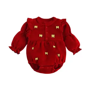 红色派对婴儿连衣裙甜美设计女婴小蝴蝶紧身衣婴儿飞袖时尚冬季天鹅绒连裤