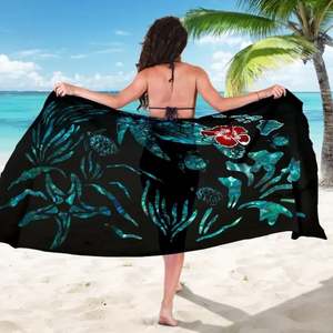 Pareos Samoa, Diseño Polinesio con Hibisco Azul Hawaiano y Tortuga, Pareos Largos <span class=keywords><strong>de</strong></span> Chifón para Mujer, Traje <span class=keywords><strong>de</strong></span> Baño, Falda Envolvente para la Playa - Product Image 3