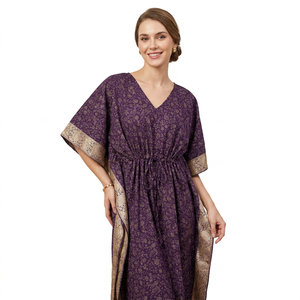 Robe Kaftan en Chiffon à Imprimé Floral Violet pour Femmes, Col en V, Sans Manches, Coupe Ample, Longueur Cheville, Style Bohème, Décontractée, Respirante, Grande Taille - Product Image 1